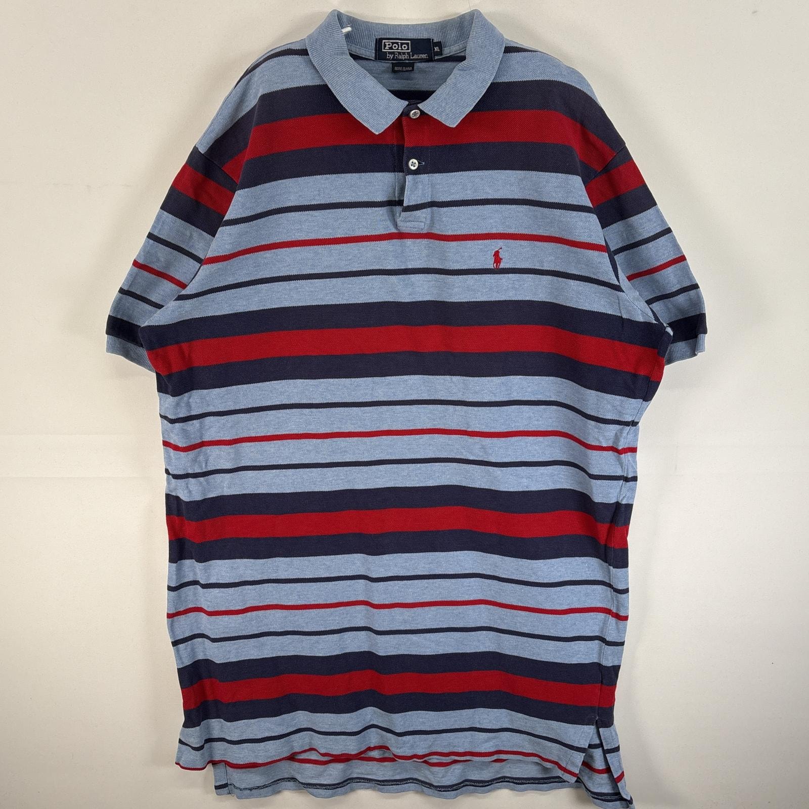 古着 90's/90年代 ポロバイラルフローレン Polo by Ralph Lauren 鹿の子 半袖 ポロシャツ ワンポイント ロゴ 刺繍 USA製 2ボタン XL  ブルー系 マルチカラー メンズ