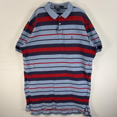 古着 90's/90年代 ポロバイラルフローレン Polo by Ralph Lauren 鹿の子 半袖 ポロシャツ ワンポイント ロゴ 刺繍 USA製 2ボタン XL ブルー系 マルチカラー メンズ