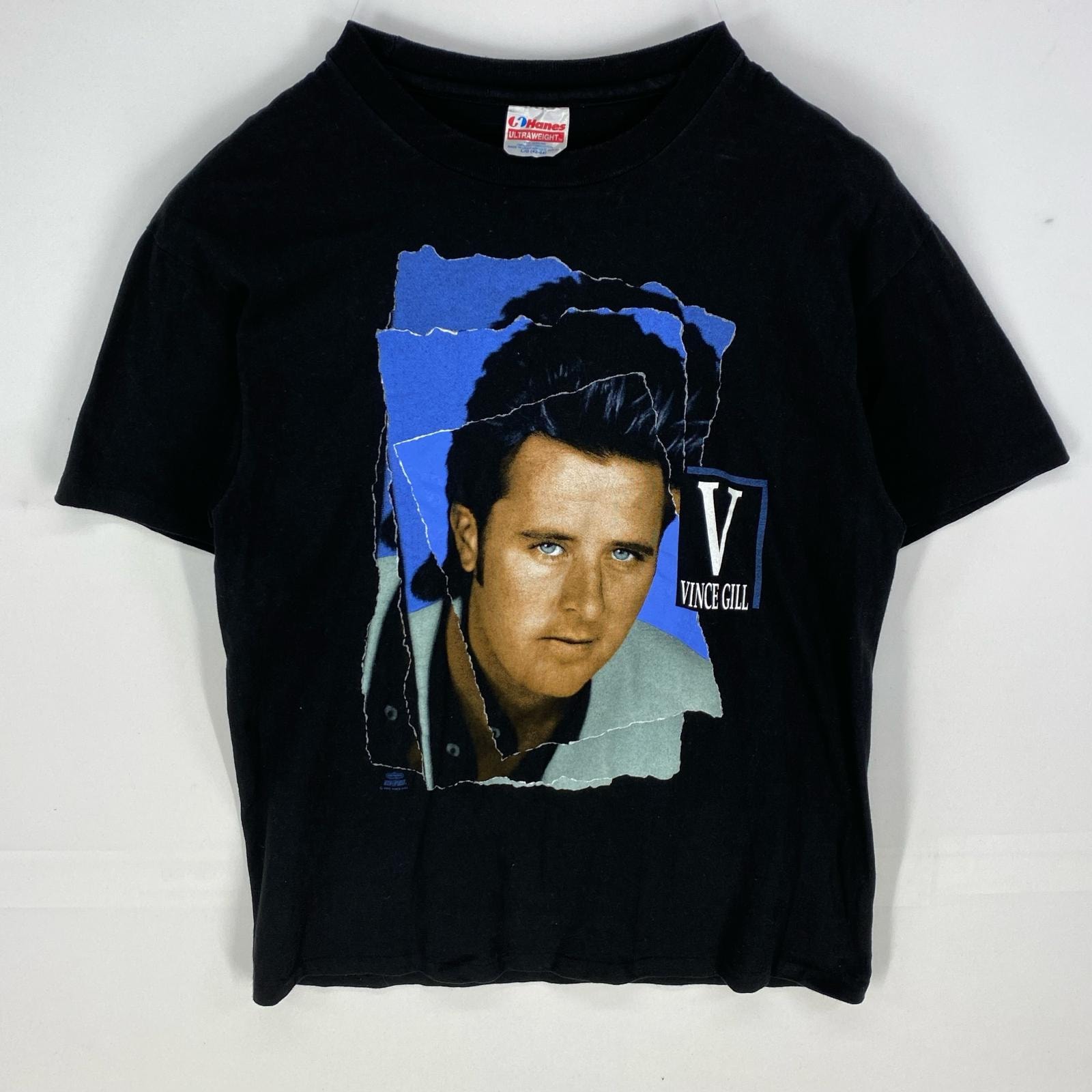 古着 90's/90年代 ヘインズ Hanes USA製 半袖Tシャツ ヴィンス・ギル クルーネック シングルステッチ L ブラック系 プリント メンズ