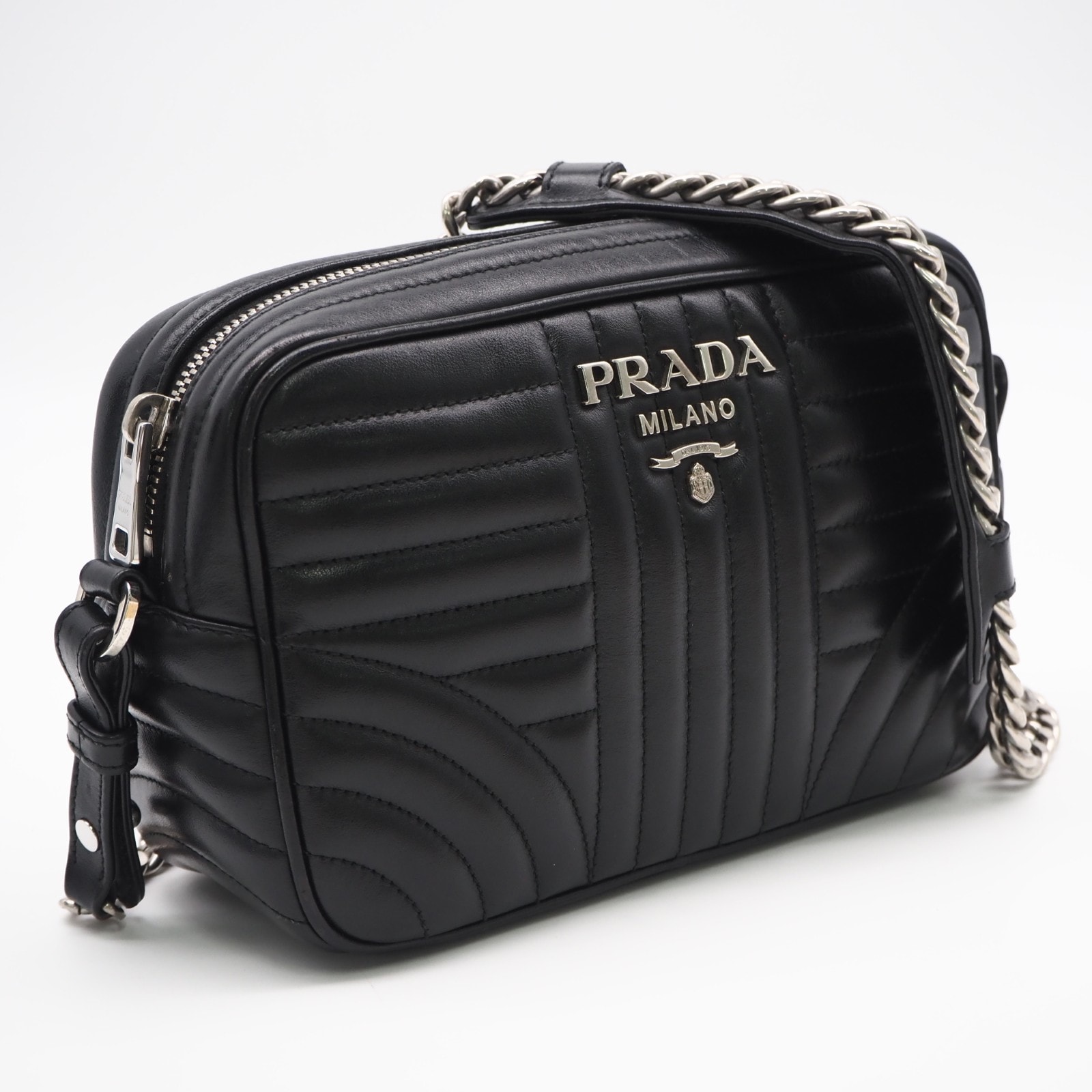 美品 PRADA プラダ レザー ダイアグラム チェーンショルダーバッグ 1BH083 2wayショルダーバッグ ブラック カーフレザー レディース