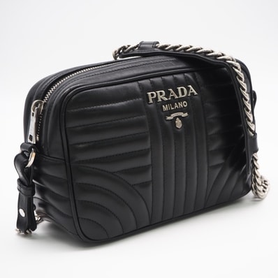 美品 PRADA プラダ レザー ダイアグラム チェーンショルダーバッグ 1BH083 2wayショルダーバッグ ブラック カーフレザー レディース