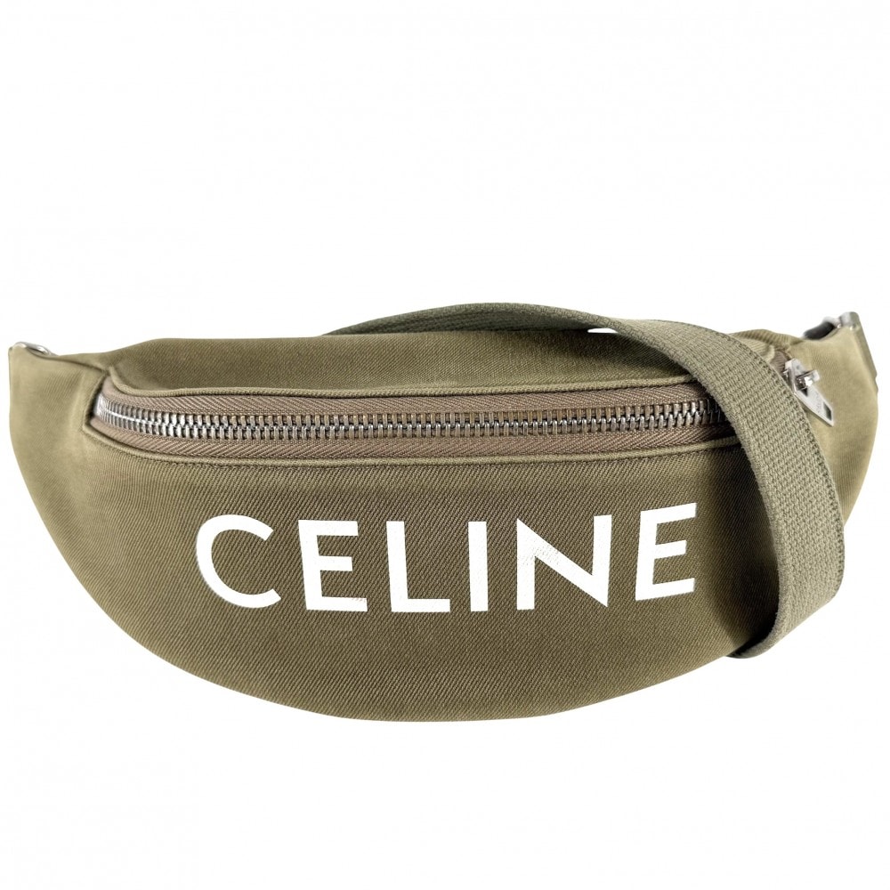 CELINE セリーヌ ボディバッグ ロゴ ウエストバッグ ベルトバッグ キャンバス カーキ シルバー金具 ユニセックス【中古品】