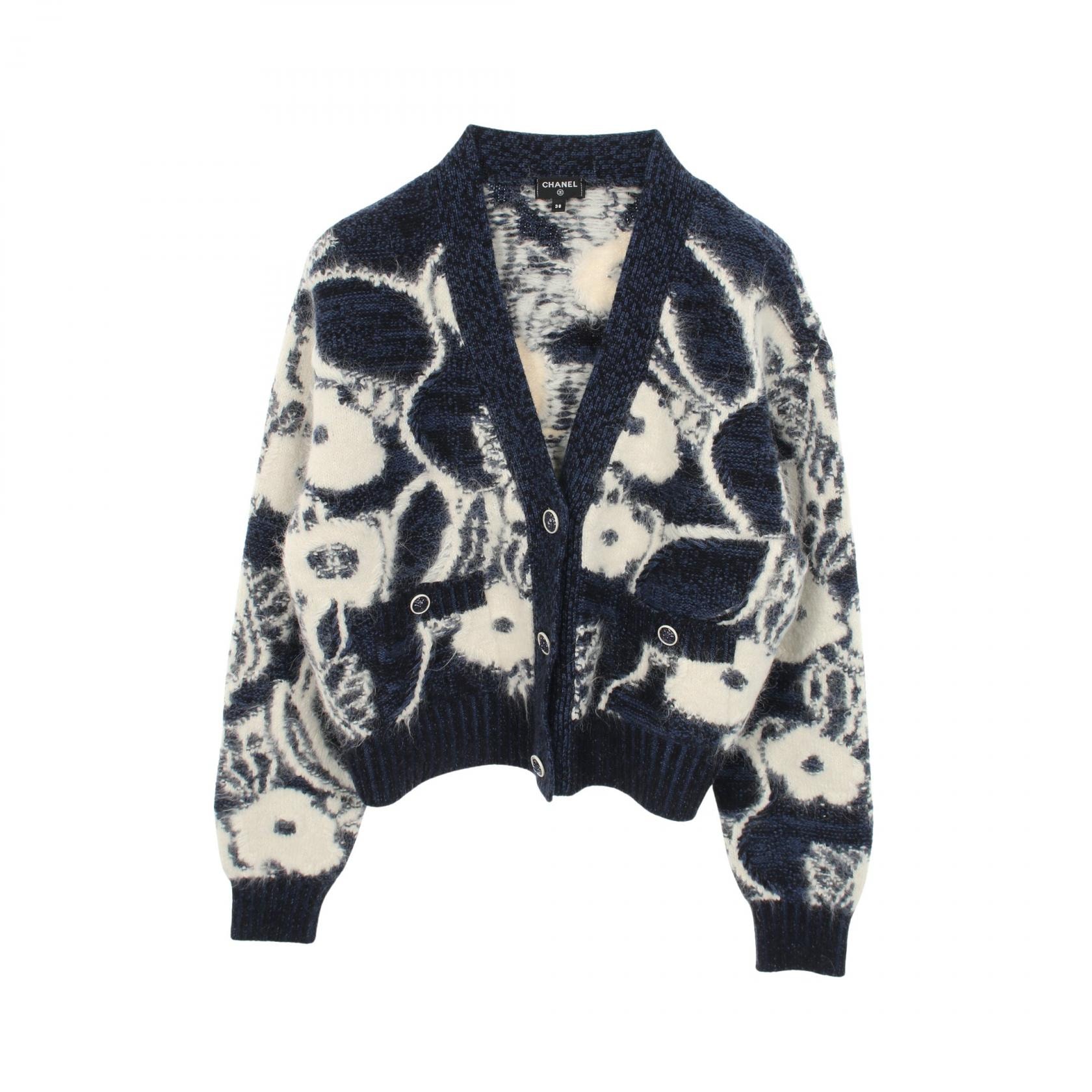 シャネル CHANEL ライオンボタン 花柄 カーディガン 衣料品 トップス カシミヤ アルパカ レディース ネイビー系 / ホワイト系 P73573K10554 【中古】
