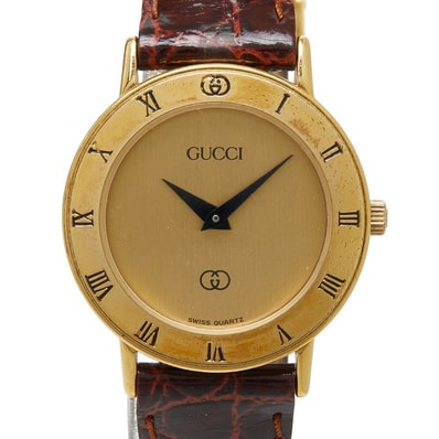 グッチ 腕時計 3000 クオーツ ゴールド文字盤 メッキ レザー レディース GUCCI 【中古】