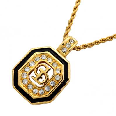 ★SALE【6jcb0662-k】クリスチャンディオール ネックレス CDロゴ GPメッキ ラインストーン ゴールド ブラック【中古】レディース