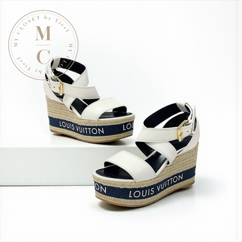 ルイヴィトン LOUIS VUITTON バウンダリーライン サンダル 靴 シューズ レザー ホワイト ネイビー ロゴ ウェッジソール アンクルストラップ