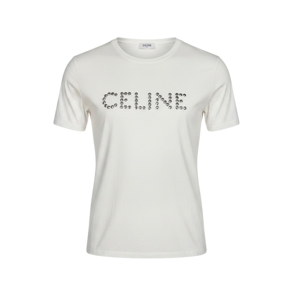 CELINE セリーヌ スタッズロゴ ルーズフィット ホワイト コットン 半袖Tシャツ A3-00406 【中古】