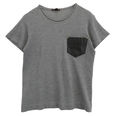LOUIS VUITTON ルイ・ヴィトン Tシャツ レザーポケット カシミヤ シルク混 半袖 ニット Tシャツ カットソー グレー系 L【中古】