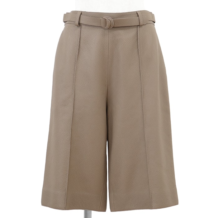 【新品同様】HERMES エルメス ハーフパンツ サイズ 38 レディース ディアスキン 鹿革 ベルテッド シグネチャー ロゴ Hライニング ワイドシルエット サイドファスナー ボトムス エトゥープ フランス製 3H1408D2