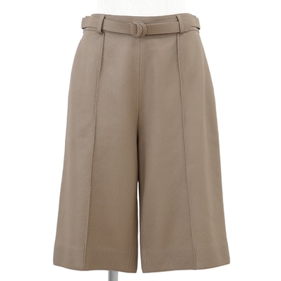 【新品同様】HERMES エルメス ハーフパンツ サイズ 38 レディース ディアスキン 鹿革 ベルテッド シグネチャー ロゴ Hライニング ワイドシルエット サイドファスナー ボトムス エトゥープ フランス製 3H1408D2