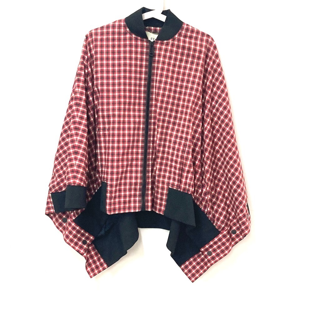 フェンディ FENDI チェック ロゴ ポンチョ FJ6898 アパレル 長袖 アウター ジャンバー ジャケット ポリエステル レッド 美品