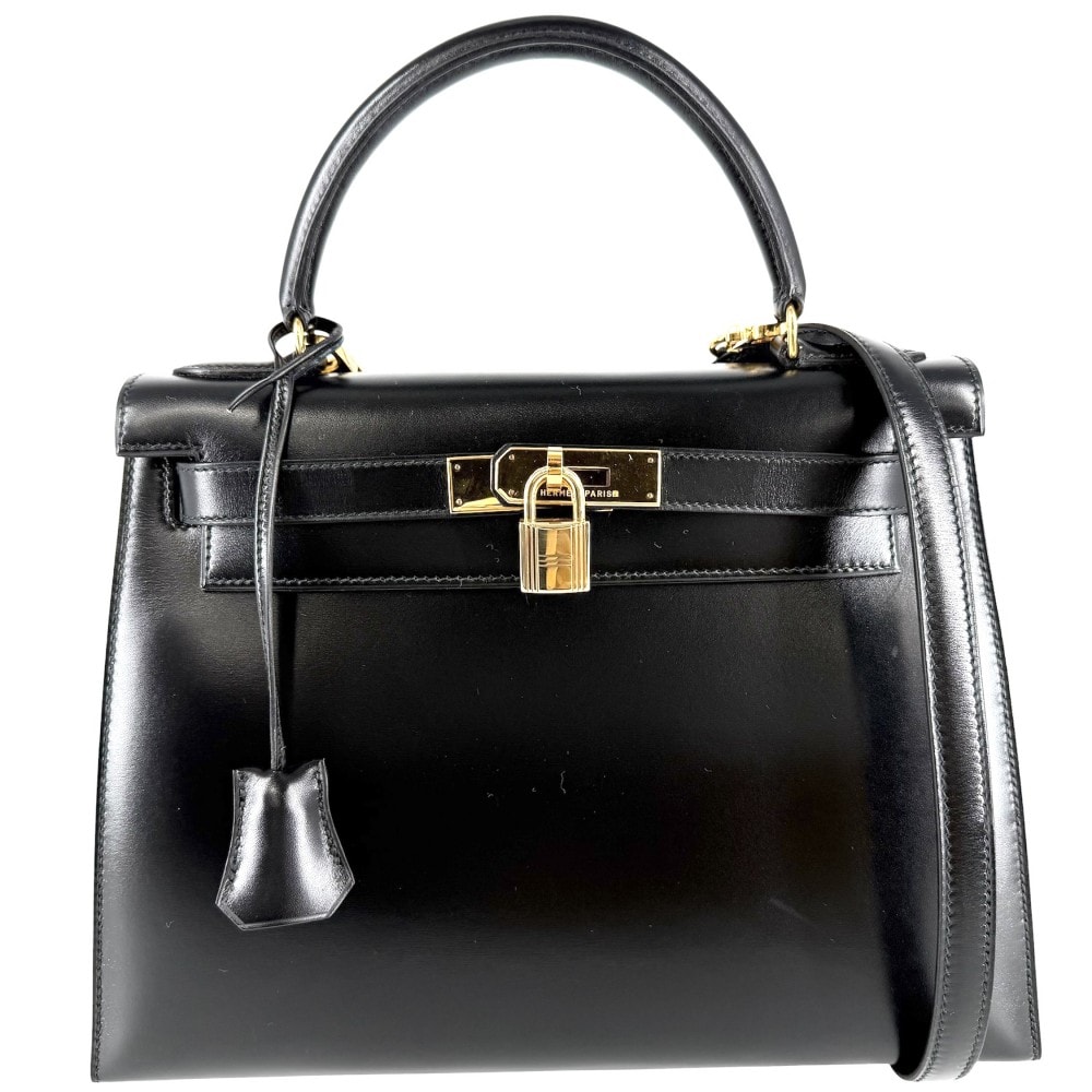 HERMES エルメス 2WAY ケリー28 外縫い ハンドバッグ 肩掛け 斜め掛け ショルダーバッグ V刻印 レザー ブラック 黒 ゴールド金具 レディース 1966年【中古品】