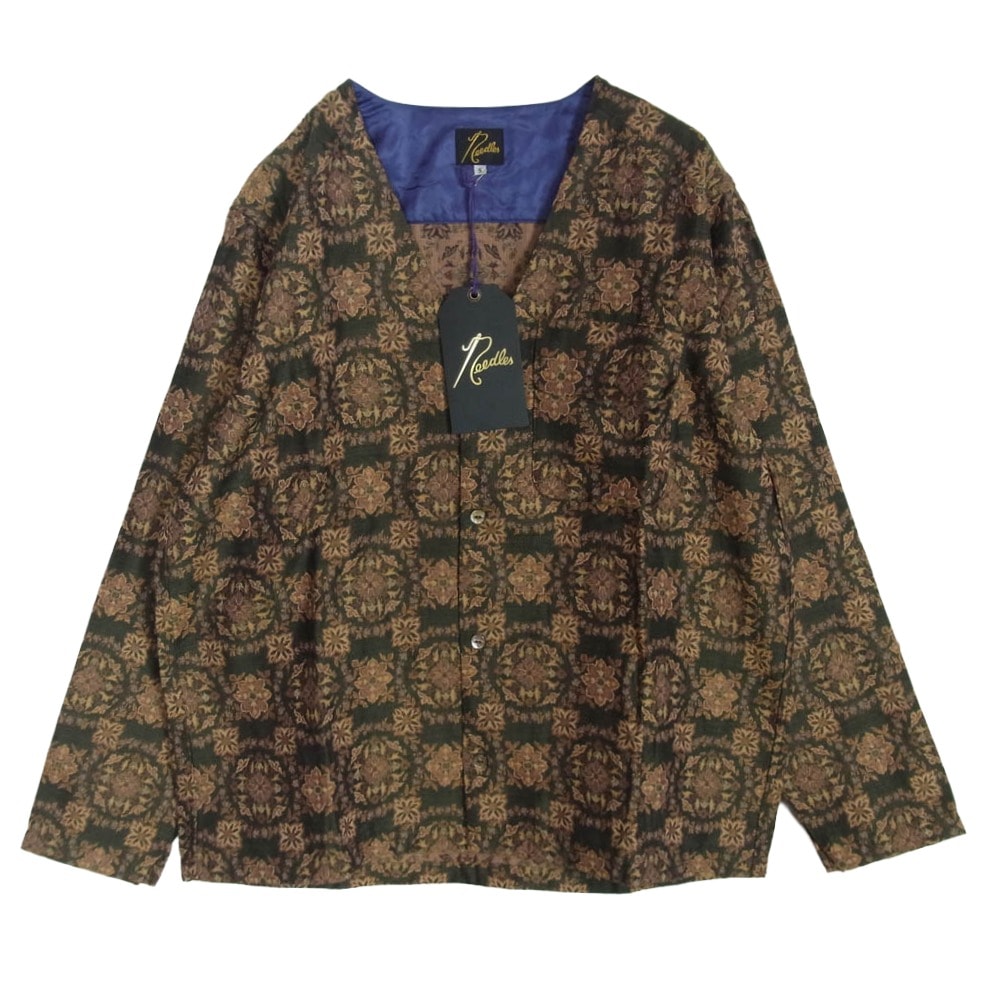 Needles ニードルス カーディガン NS205 V Neck Shirt R PE W Botanical Jq ボタニカルジャカード Vネック シャツ カーディガン ライトブラウン系 S【中古】