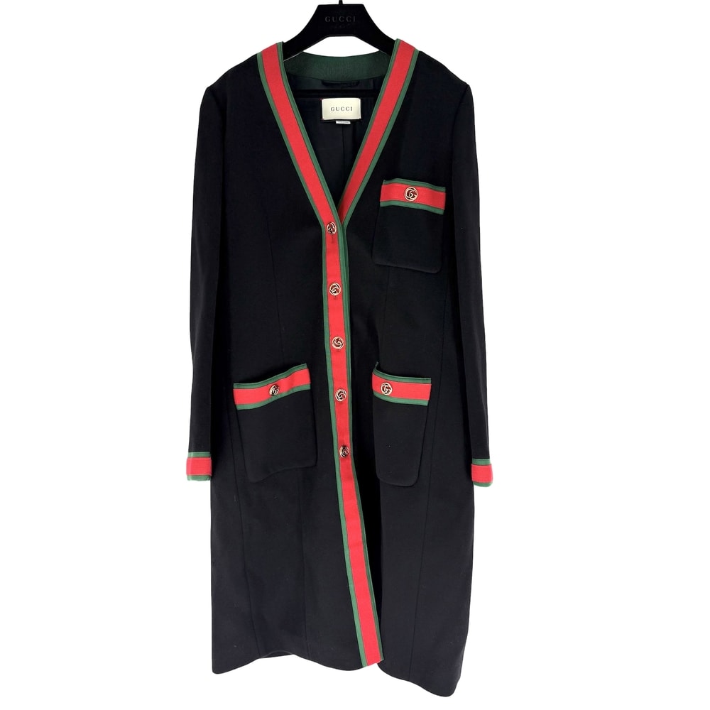 GUCCI グッチ コート ノーカラー ロングコート シェリーライン アウター 上着 服 44 ブラック 黒 ゴールド金具 ウール レディース 秋 冬【中古品】