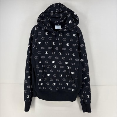古着 チャンピオン Champion パーカー プルオーバー ロゴ 総柄 リバースウィーブ スウェット S ブラック 総柄 メンズ
