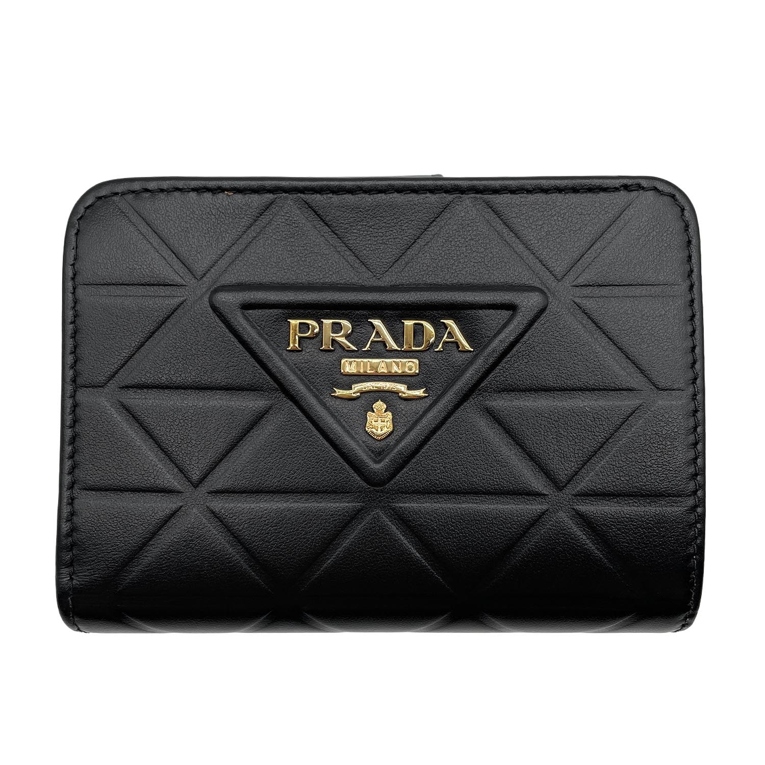 PRADA プラダ コンパクト ウォレット 二つ折り財布
 RFID 三角プレート 1ML018 レザー ブラック レディース
 【中古】