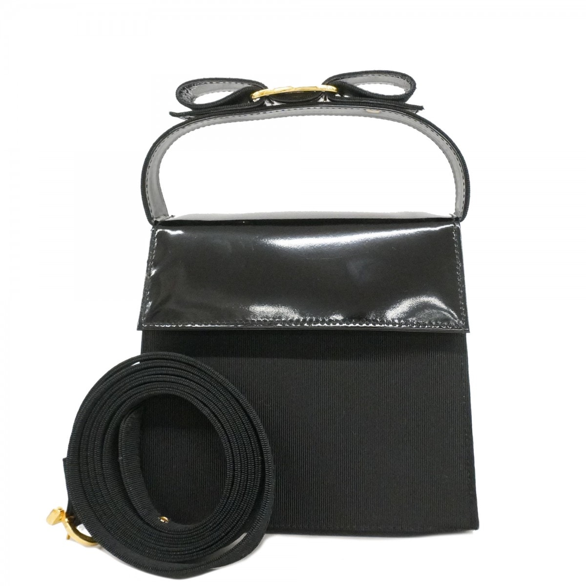 【6dc3726】サルヴァトーレフェラガモ ハンドバッグ ヴァラ キャンバス レザー ブラック ゴールド金具【中古】レディース