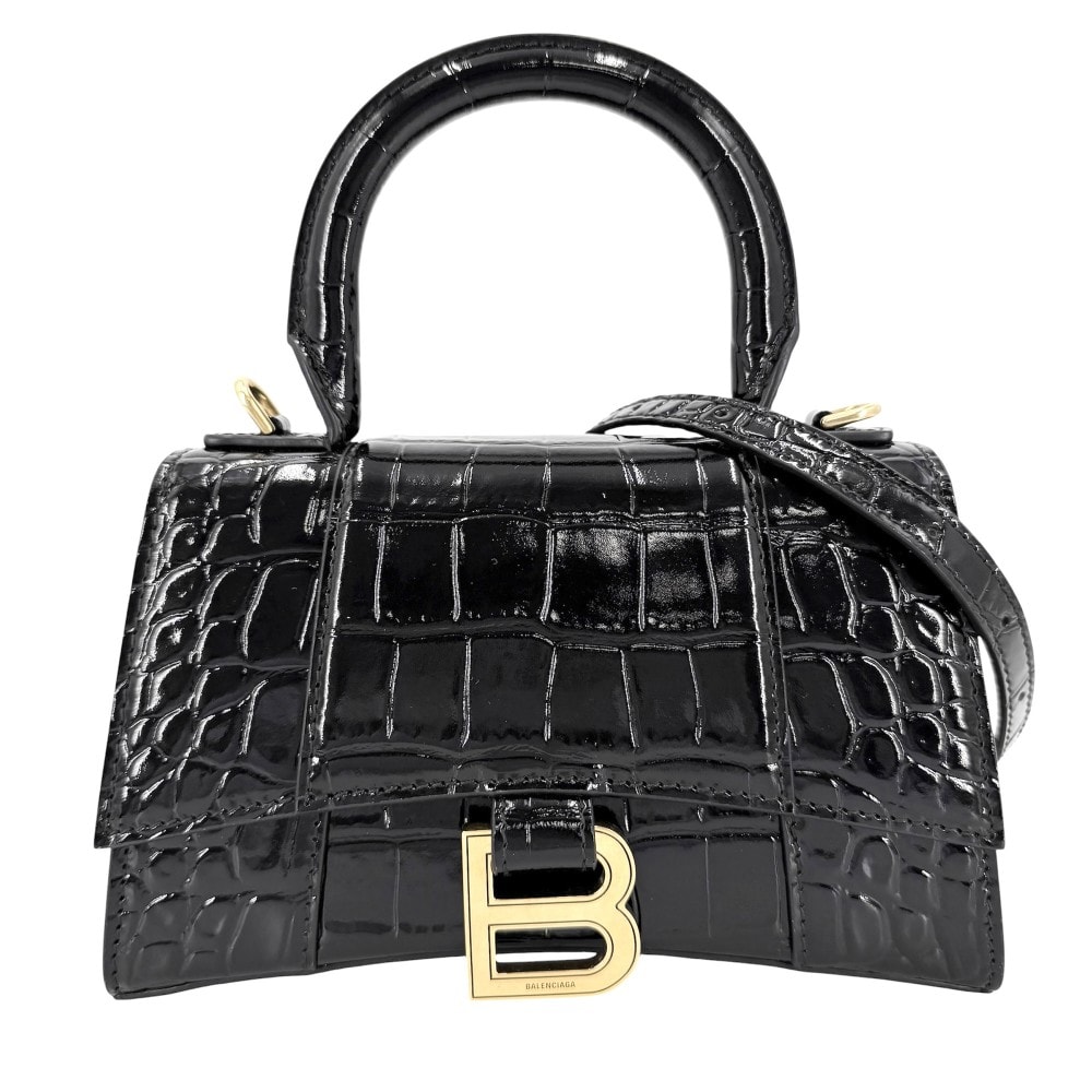 BALENCIAGA バレンシアガ 2WAY アワーグラス XS ハンドバッグ ショルダーバッグ 肩掛け 斜め掛け HOURGLASS クロコ型押し トップハンドル 592833 レザー    ブラック 黒 アンティークゴールド金具 レディース 美品【中古品】