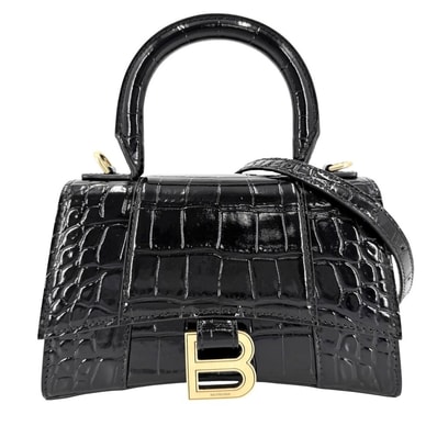 BALENCIAGA バレンシアガ 2WAY アワーグラス XS ハンドバッグ ショルダーバッグ 肩掛け 斜め掛け HOURGLASS クロコ型押し トップハンドル 592833 レザー ブラック 黒 アンティークゴールド金具 レディース 美品【中古品】