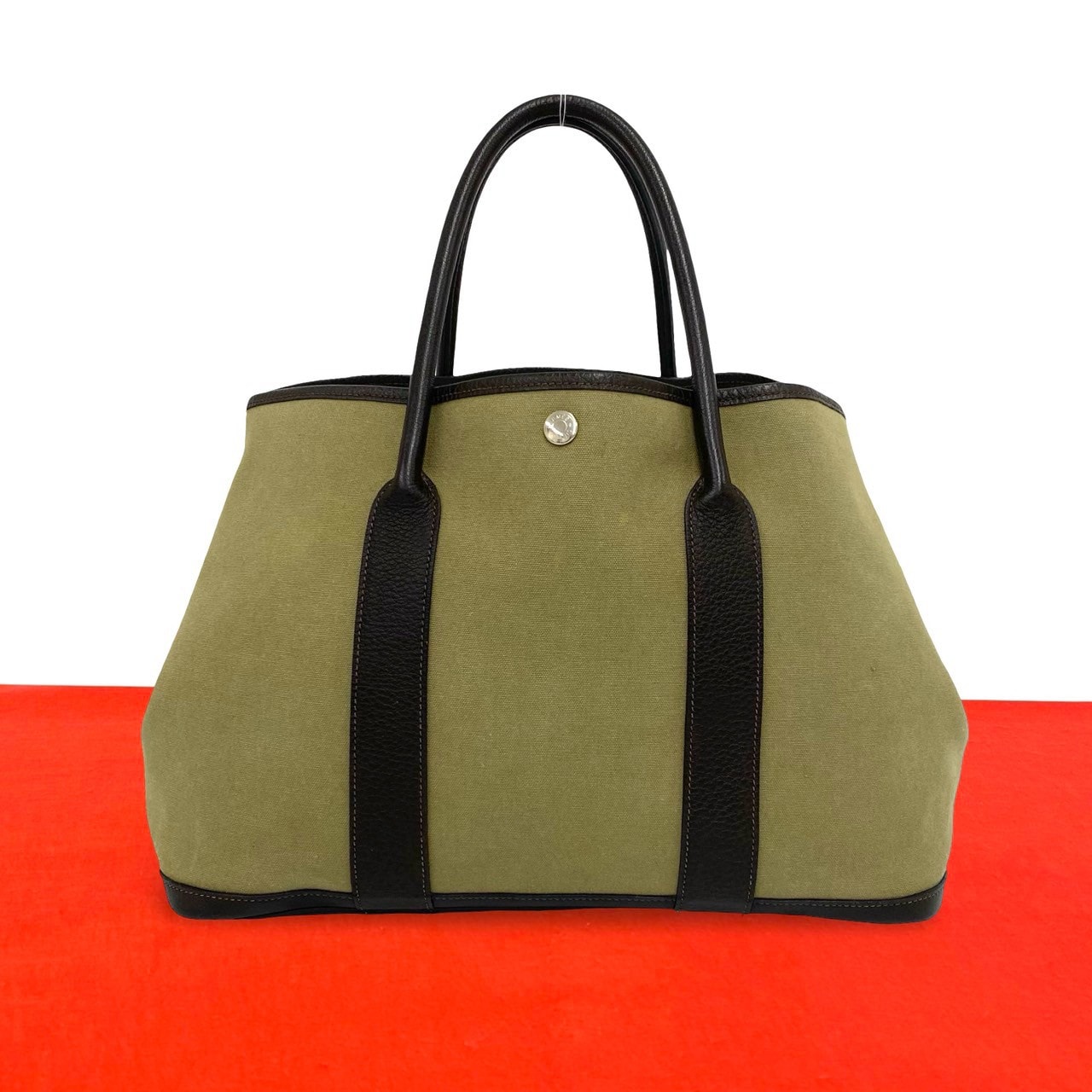 HERMES エルメス ガーデンパーティ PM トワルオフィシエ ブッフル ハンドバッグ カーキ
 28509