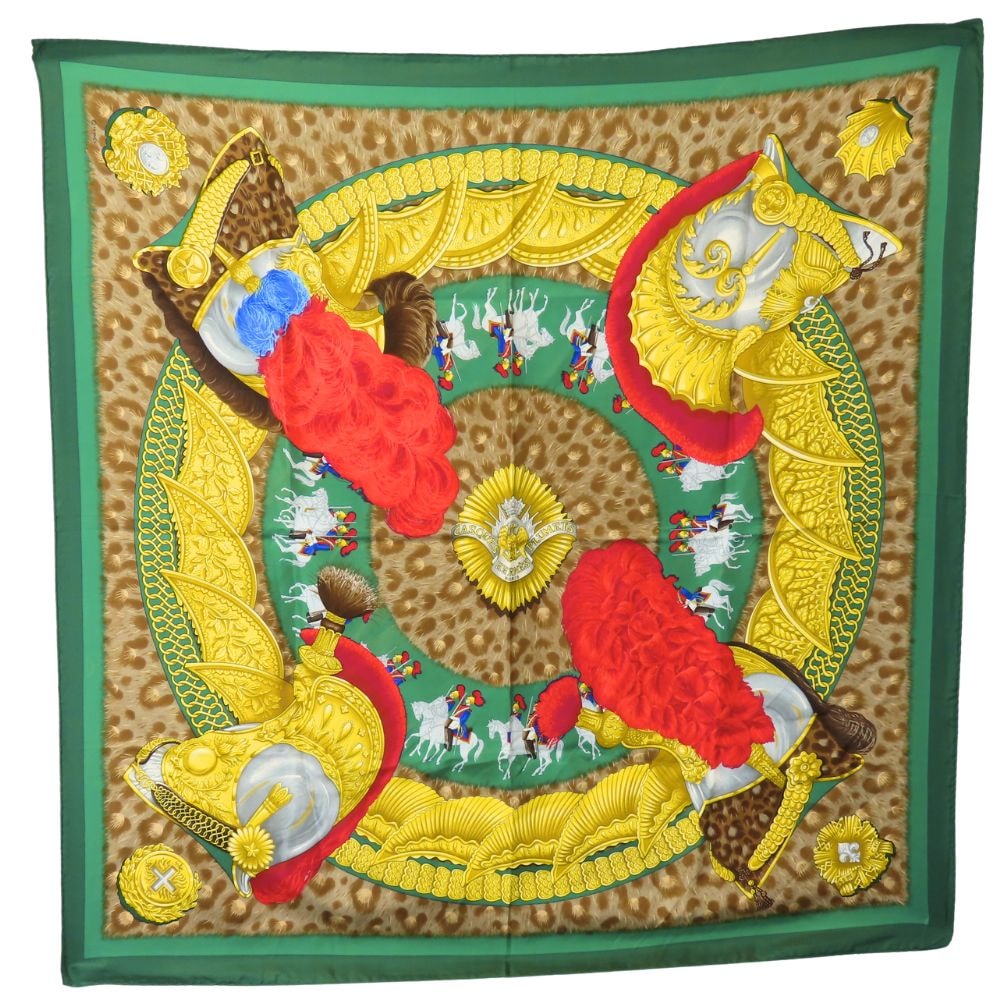 [중고] 에르메스 스카프 카레 90 실크 그린 멀티컬러 CASOUES et PLUMETS 페이스리스 헬멧 스타일리시 여성용 HERMES