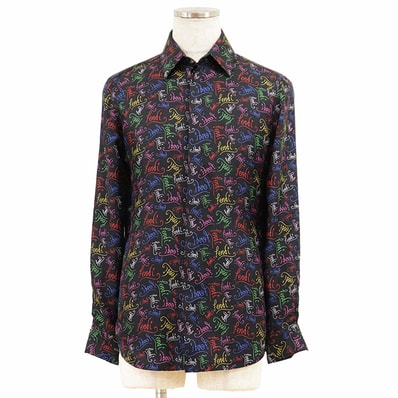 【極美品】FENDI フェンディ 長袖シャツ サイズ 38 メンズ スクリプト シルク100%サテン FFロゴ ロングスリーブトップス ブラック マルチカラー 黒 イタリア製