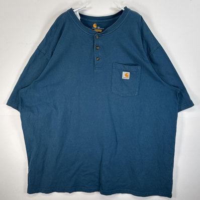 古着 カーハート Carhartt 半袖Tシャツ ヘンリーネック 大きいサイズ 肉厚 3XL ブルー系 無地 メンズ