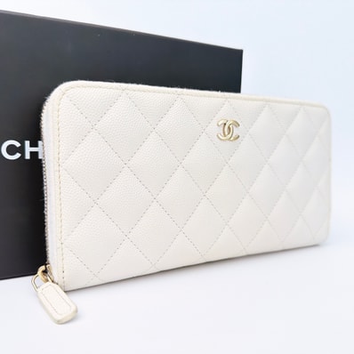CHANEL Matelasse Classic Round Zipper Long Wallet Caviar Skin "White"