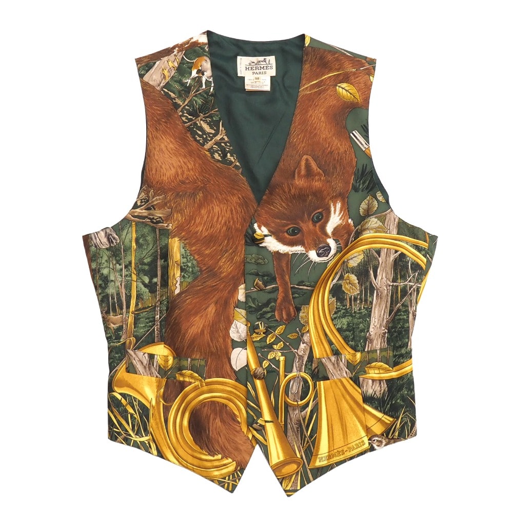 HERMES エルメス ヴィンテージ CHASSE au BOIS 森の狩猟 ベスト サイズ50 シルク ジレ キツネ ウサギ 鳥 動物 フランス製 ブランド古着【中古】20260807/PU0127