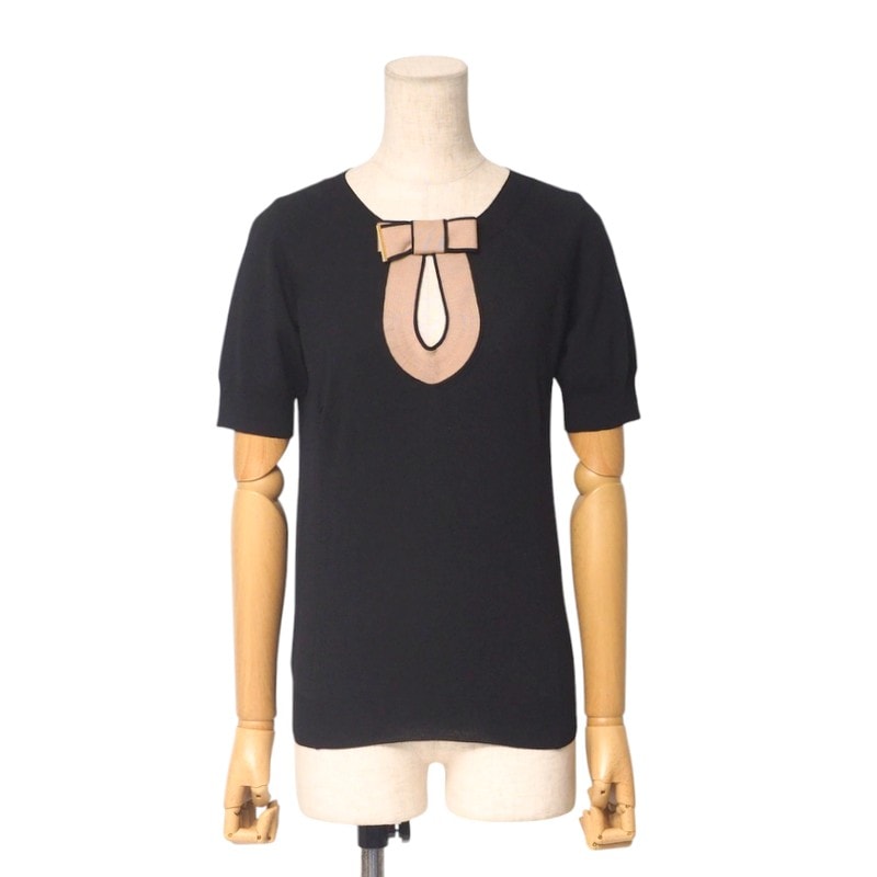 ■美品■LOUIS VUITTON ルイ・ヴィトン ニット サイズXS 半袖 セーター トップス リボン ウール ブラック/ピンクブラウン【おすすめ】 イタリア製 ブランド古着【中古】20250224/RA3476