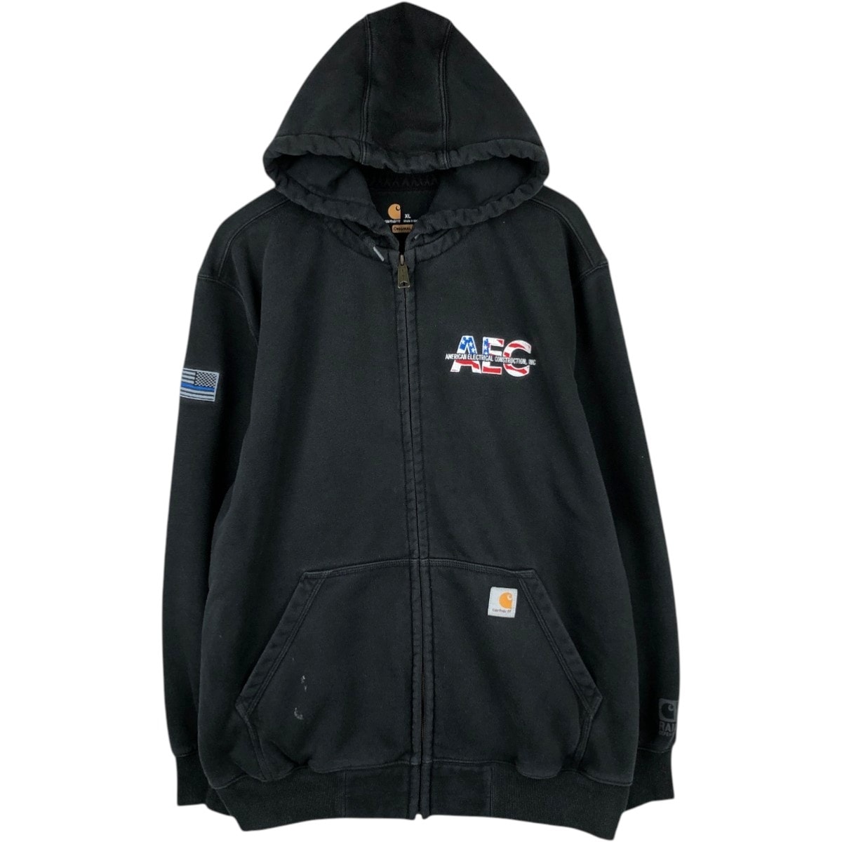 古着 カーハート Carhartt ORIGINAL FIT RAIN DEFENDER AMERICAN ELECTRICAL CONSTRUCTION, INC 星条旗柄 アドバタイジング スウェットフルジップパーカー メンズXL相当/eaa664010