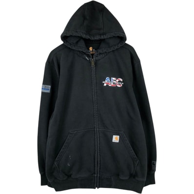 古着 カーハート Carhartt ORIGINAL FIT RAIN DEFENDER AMERICAN ELECTRICAL CONSTRUCTION, INC 星条旗柄 アドバタイジング スウェットフルジップパーカー メンズXL相当/eaa664010