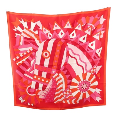 エルメス HERMES カレ90 cheval・de・fete スカーフ シルク レッド系 マルチカラー レディース【中古】【Aランク】