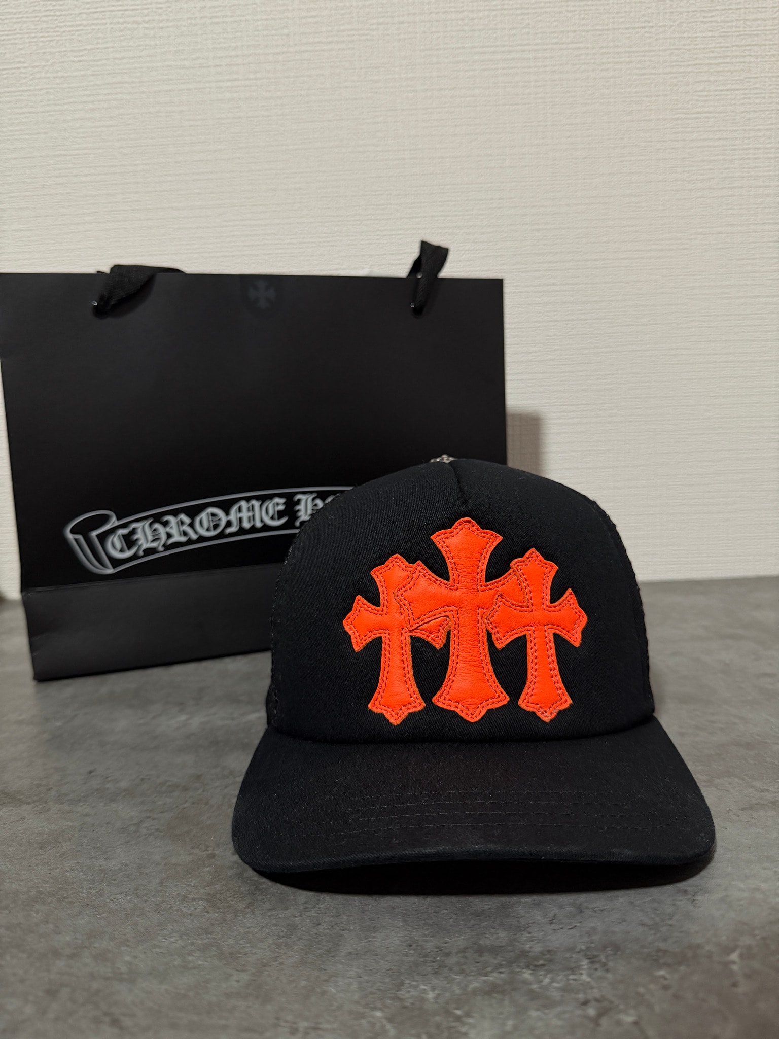 Chrome Hearts 3 Cemetery Leather Patch Mesh Tracker Cap "Black/Orange"
