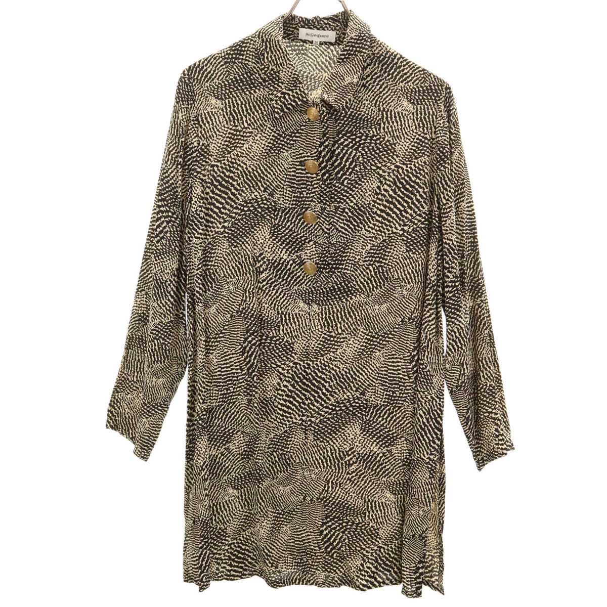 YVES SAINT LAURENT イヴサンローラン 90s オールド 総柄 長袖 ハーフボタン 膝丈ワンピース 36 ブラック系