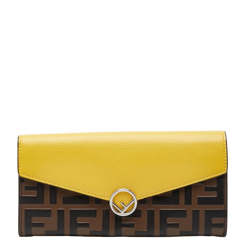 フェンディ ズッカ エフイズ ロゴ 長財布 ロングウォレット イエロー ブラウン レザー レディース FENDI 【中古】