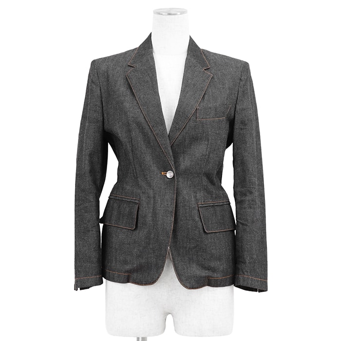SALE【極美品】GUCCI グッチ デニムテーラードジャケット サイズ 38 レディース ノッチドラペル シグネチャー ロゴボタン メタルプレート 1B センターベント ウエストシェイプ アウター ボタン付属 チャコール イタリア製