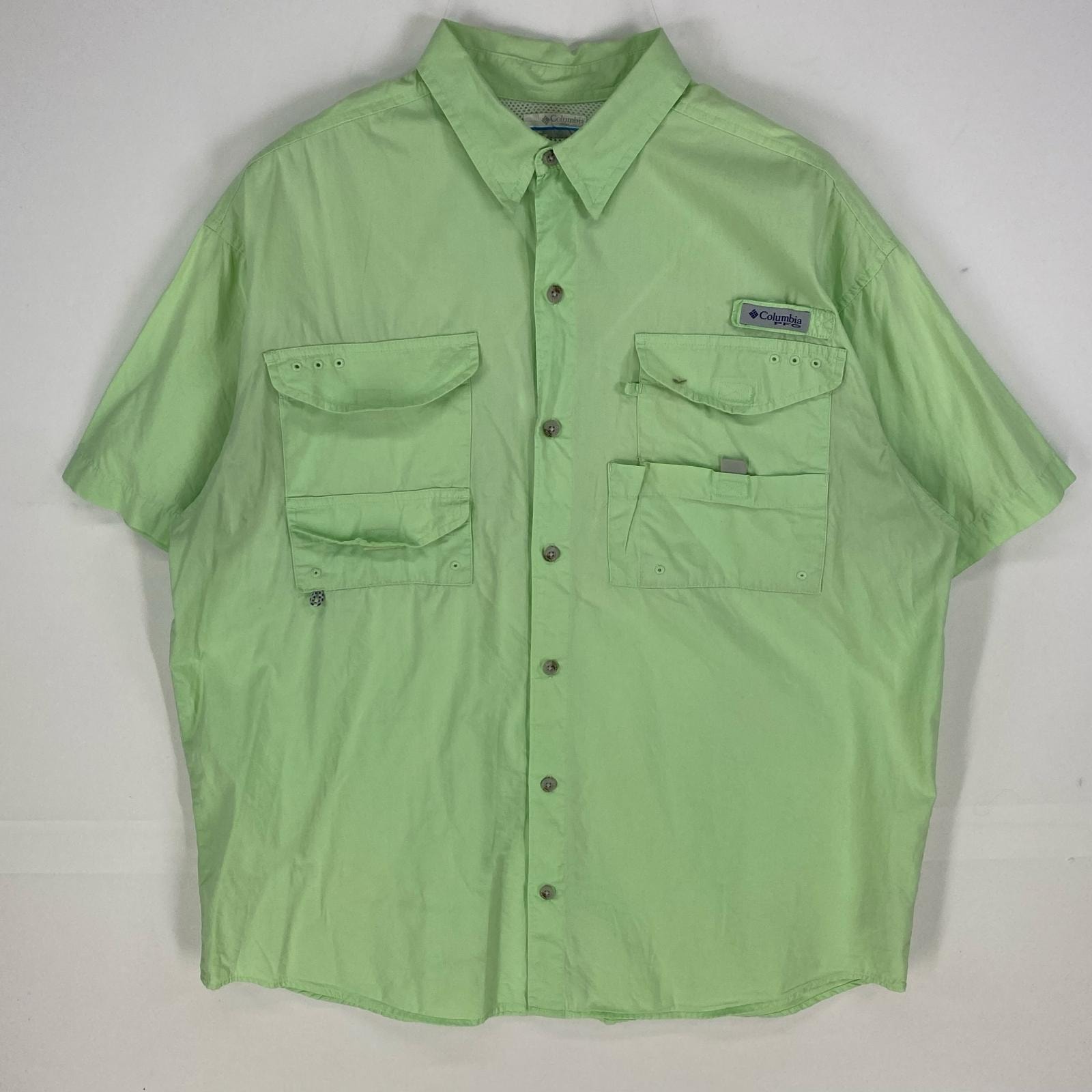 古着 コロンビア Columbia 半袖シャツ PFG アウトドア ワンポイントロゴ 裏地メッシュ ボタンダウン L グリーン系 メンズ