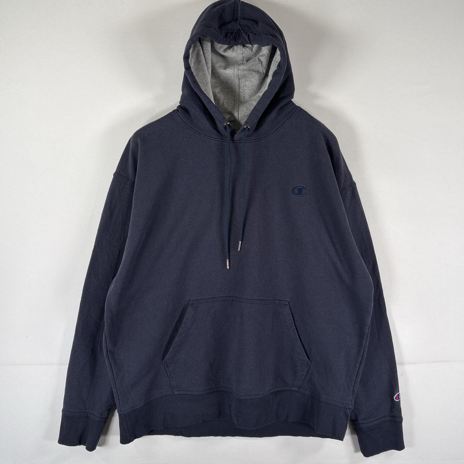 古着 チャンピオン Champion パーカー スウェット フーディ マフポケット フード紐 ワンポイントロゴ刺繍 大きいサイズ XL ネイビー メンズ
