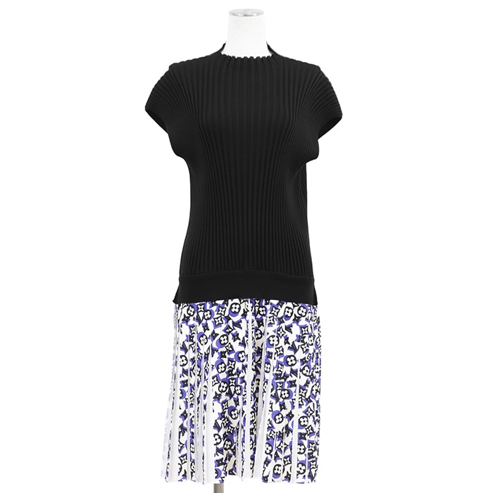 【美品】LOUIS VUITTON ルイ・ヴィトン ワンピース サイズ M レディース 2019SS ハイゲージ リブニット × プリーツスカート LV モノグラム プリント フレンチスリーブ プルオーバー ドレス ブラック アイボリー 黒 イタリア製