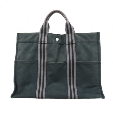 【6fa1869-k】エルメス トートバッグ フールトゥMM キャンバス ブラック グレー シルバー金具【中古】レディース