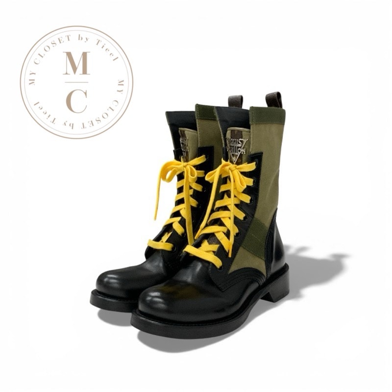 ルイヴィトン LOUIS VUITTON メトロポリスライン モノグラム ブーツ ショートブーツ 靴 シューズ レザー キャンバス ブラック カーキ ロゴプレート アンクルブーツ レースアップ