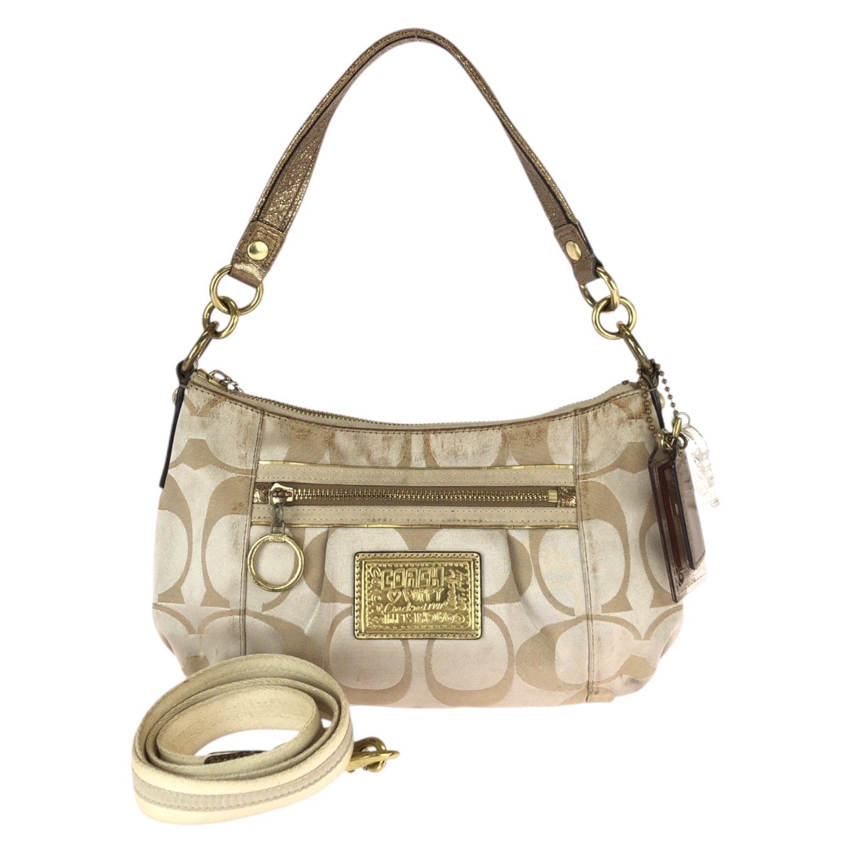 COACH コーチ ポピー シグネチャー 2way ベージュ ゴールド金具 キャンバス レザー/ ショルダーバッグ ハンドバッグ 600897 【中古】