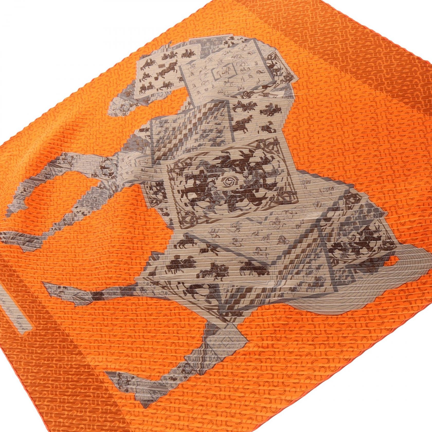 エルメス HERMES カレプリセ A Cheval sur mon Carre プリーツ スカーフ 衣料品 シルク シルク オレンジ レディース オレンジ系 / グレー系 【中古】