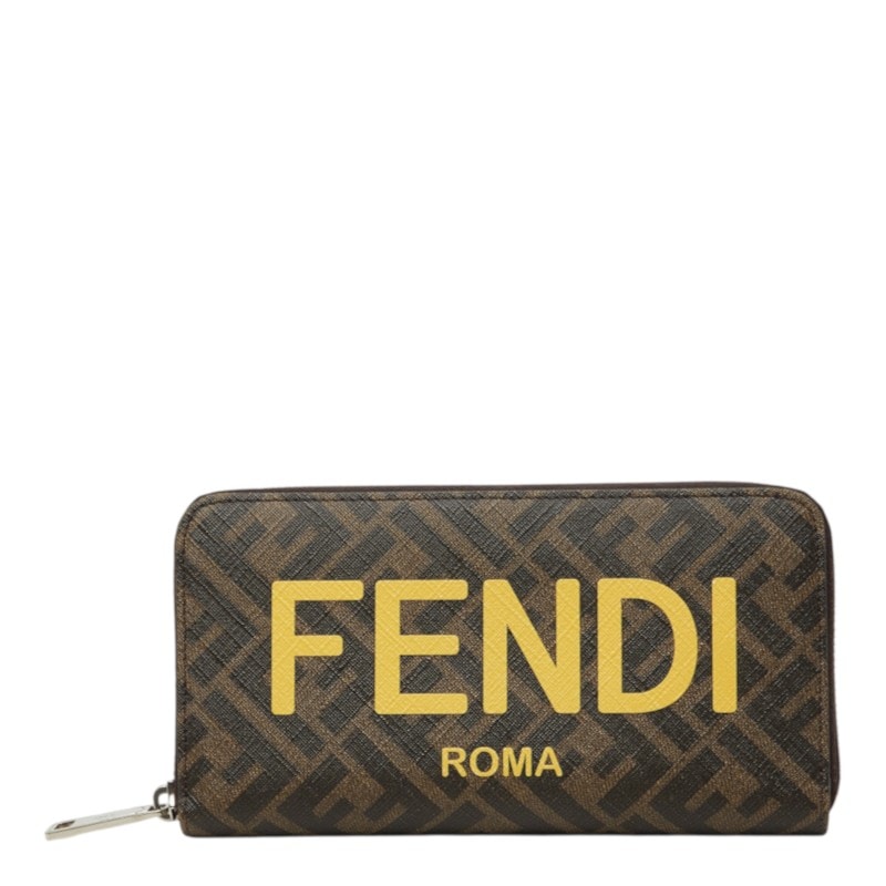 フェンディ ズッカ ラウンドファスナー 長財布 7M0342 ブラウン イエロー PVC レディース FENDI 中古