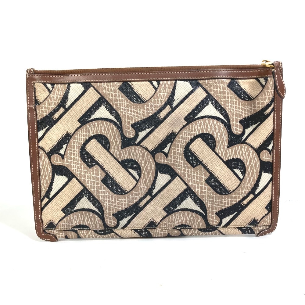 バーバリー BURBERRY クラッチバッグ 鞄 TB総柄 カバン ファスナージップ クラッチバッグ PVC/レザー ブラウン