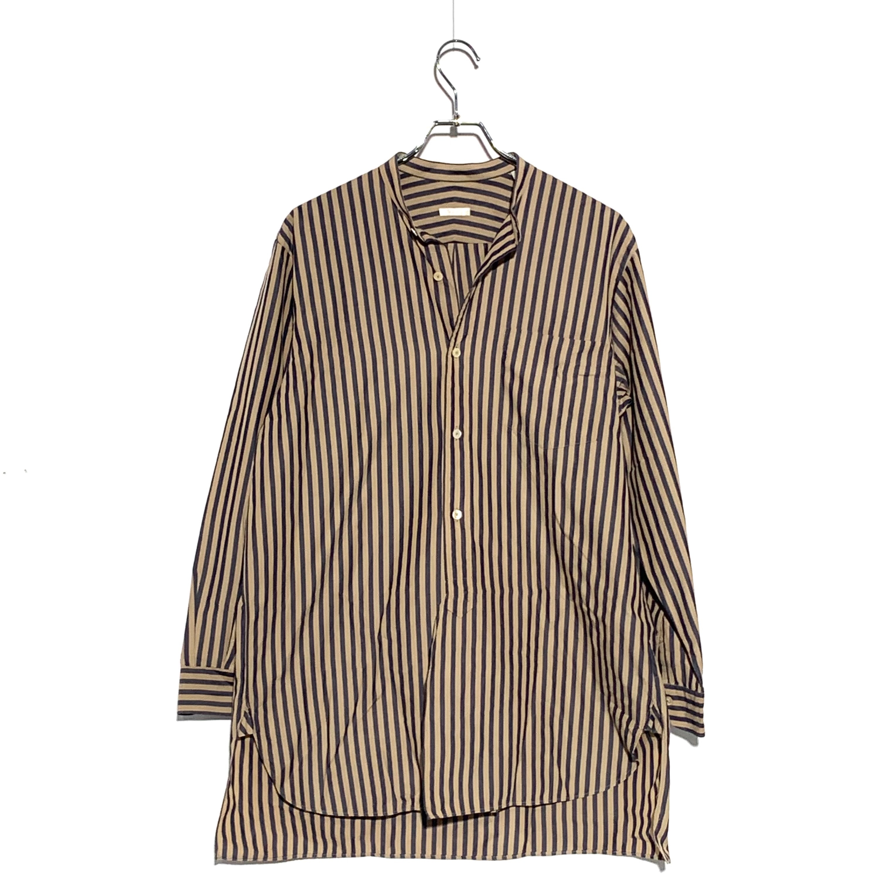 COMORI London stripe band collar shirt 16AW beige×navy