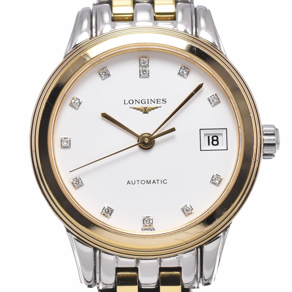 ロンジン LONGINES L4.274.3 フラッグシップ 12Pダイヤモンド デイト ホワイト 自動巻き レディース 良品 腕時計 D#149643