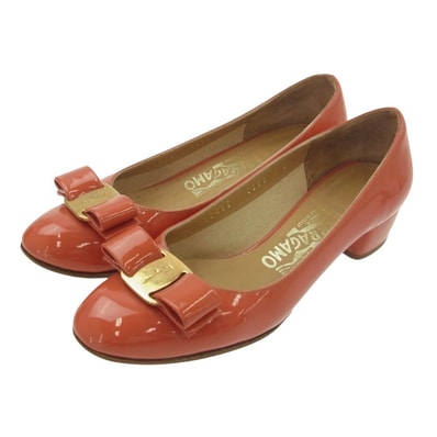 Salvatore Ferragamo サルヴァトーレフェラガモ パンプス アーモンドトゥ チャンキーヒール リボン パンプス シューズ レッド系 4【中古】