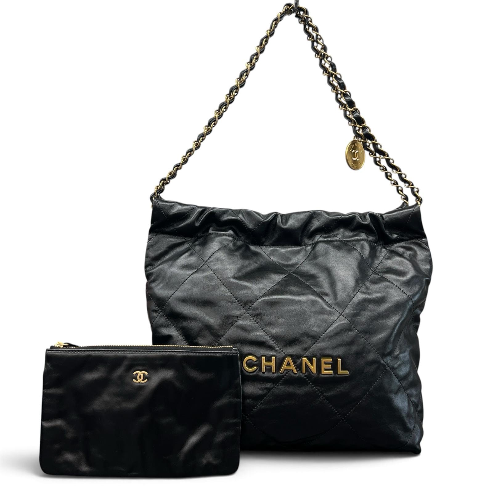 CHANEL 展示品級美品 シャネル22 スモール ハンドバッグ チェーン AS3260 シャイニーカーフスキン レザー シリアルプレート ブラック ゴールド金具 ホーボーバッグ ポシェット 巾着 ココマーク SAランク 鑑定済 中古 シャネルバッグ